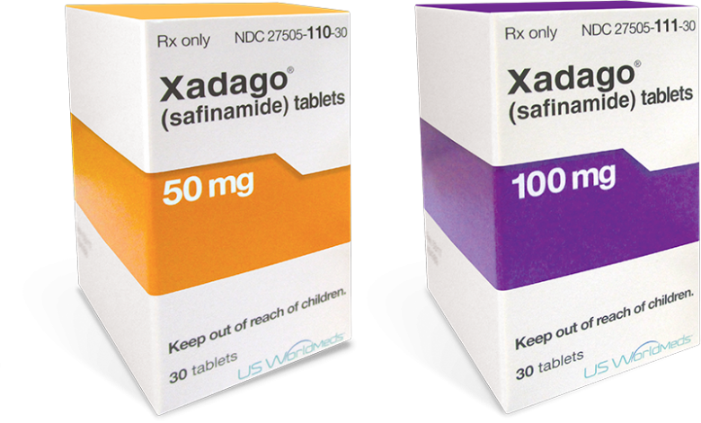 Box of 50 mg XADAGO (safinamide) tablets and box of 100 mg XADAGO (safinamide) tablets.